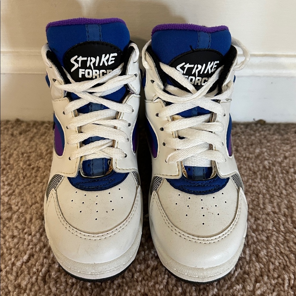 Vintage 1980’s Strike Force White and Blue High-Top Sneakers